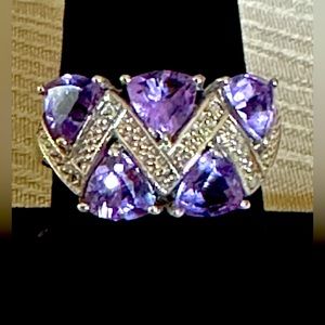 Purple Sapphire trillion cut & Diamond authentic ring in 925 Sterling sz 8 guc